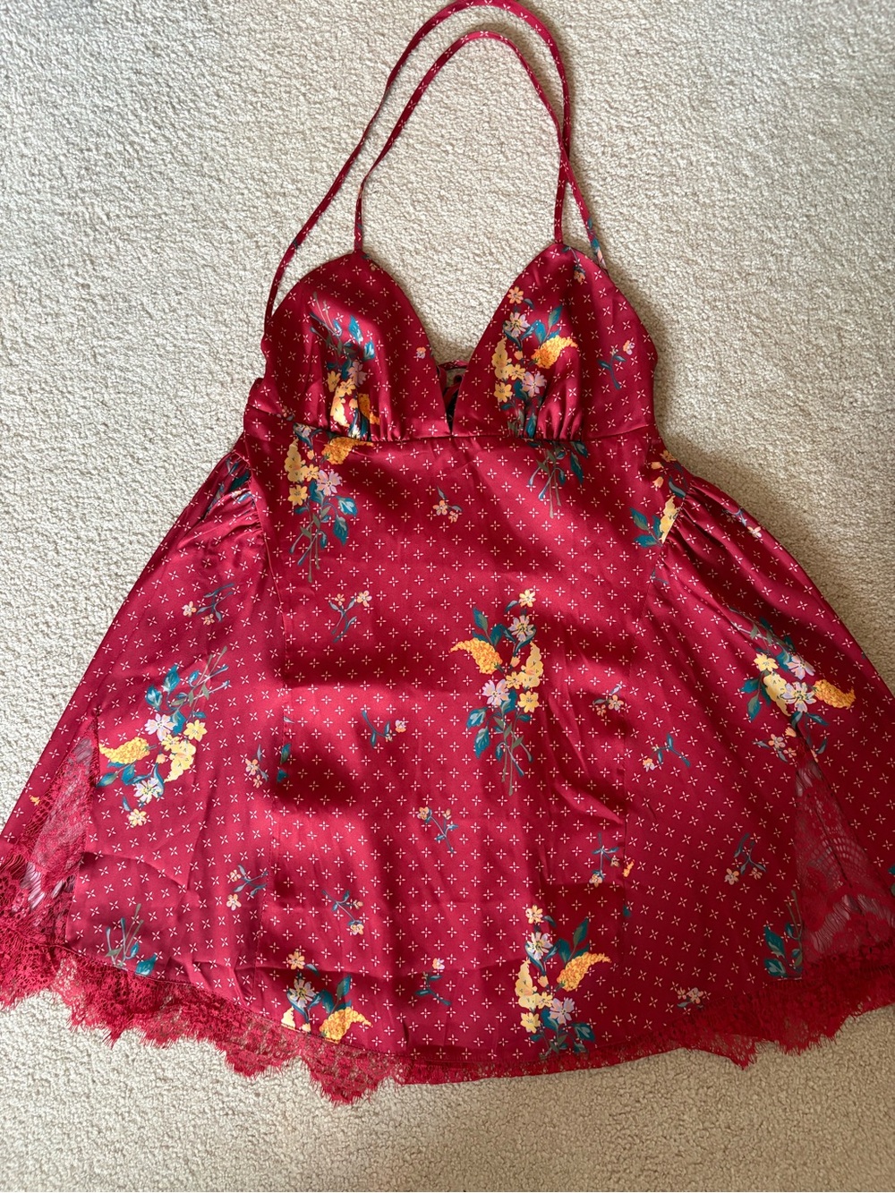 Red Floral Lace-Trim Halter Women's Top